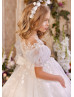 Puff Sleeves Beaded Ivory Organza Lace Romantic Flower Girl Dress